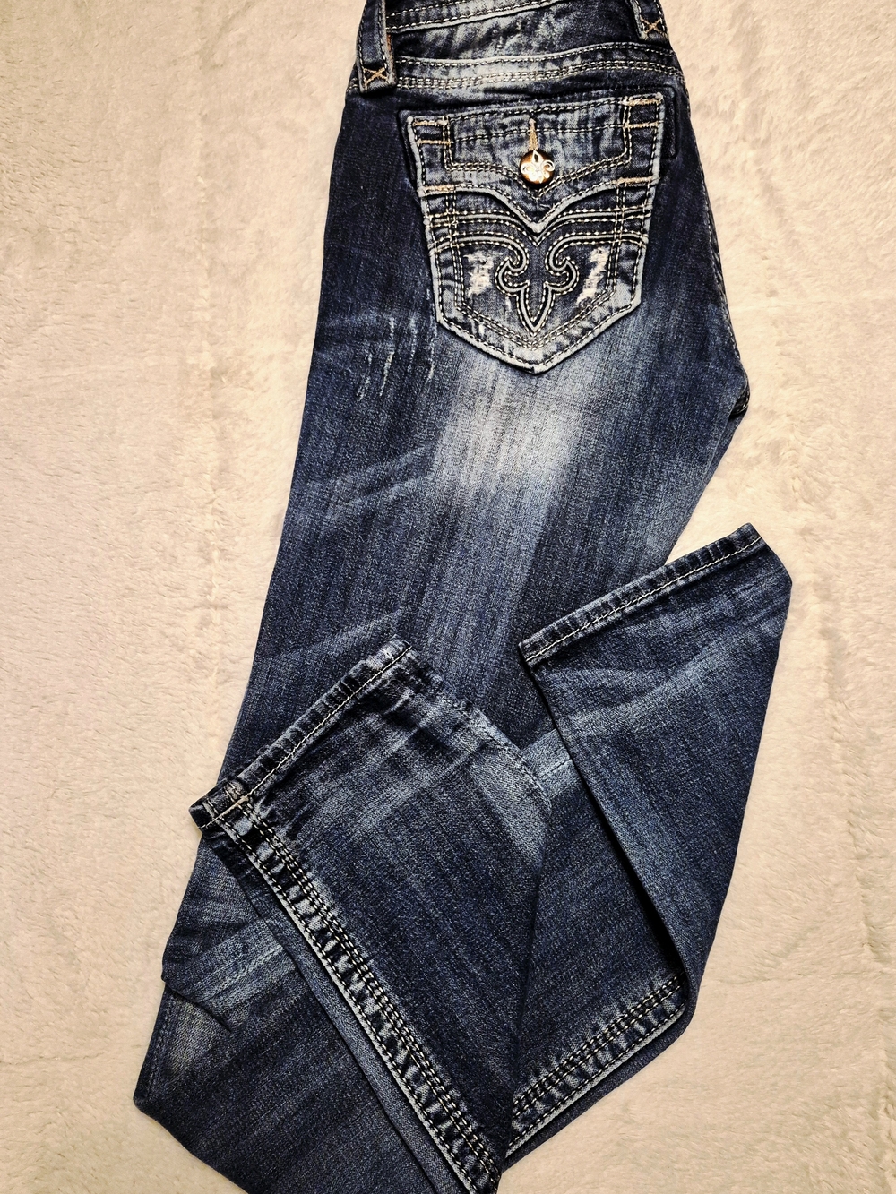 Rock Revival Dark Blue Embroidered Pocket Ankle Jeans